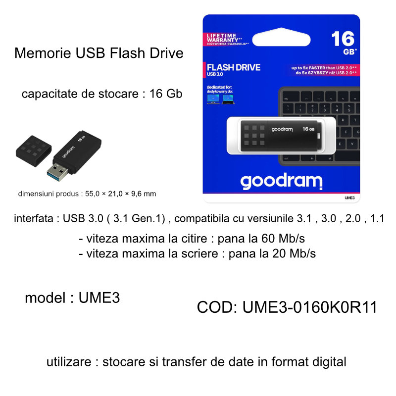 Memorie USB 3.0, 16 GB, Goodram UME3-0160K0R11, cu capac, neagra [4]