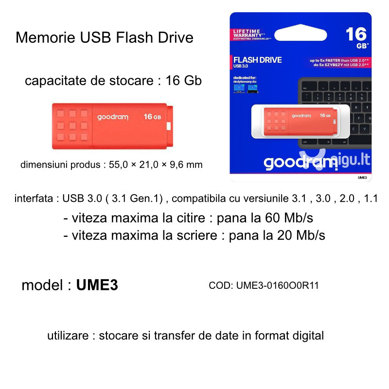 Memorie USB 3.0, 16 GB, Goodram UME3-0160O0R11, cu capac, portocalie [4]