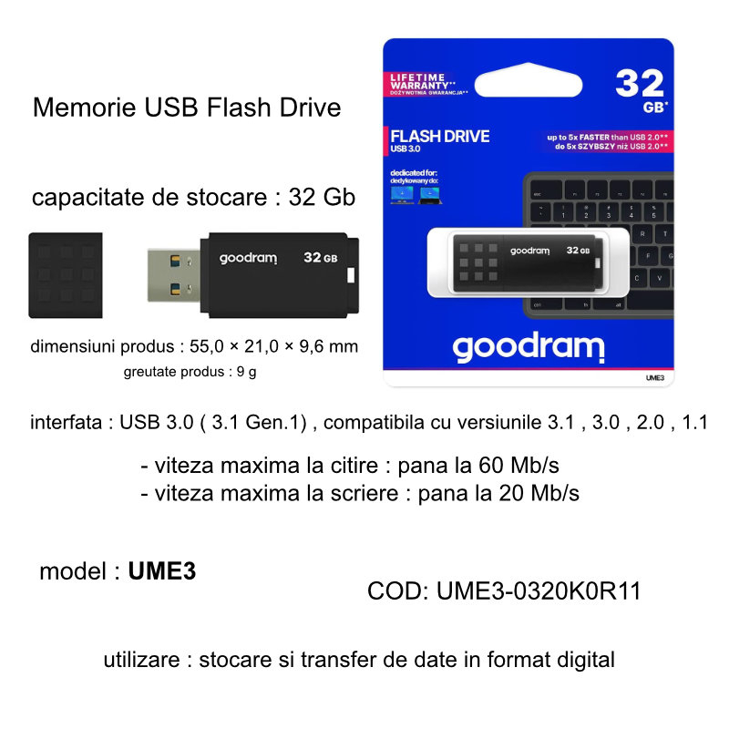 Memorie USB 3.0, 32 GB, Goodram UME3-0320K0R11, cu capac, neagra [4]