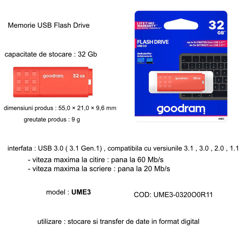 Memorie USB 3.0, 32 GB, Goodram UME3-0320O0R11, cu capac, portocalie [5]