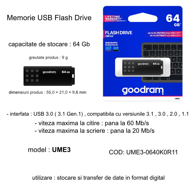 Memorie USB 3.0, 64 GB, Goodram UME3-0640K0R11, cu capac, neagra [11]