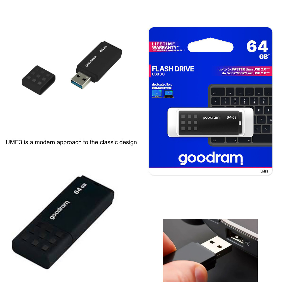 Memorie USB 3.0, 64 GB, Goodram UME3-0640K0R11, cu capac, neagra [9]