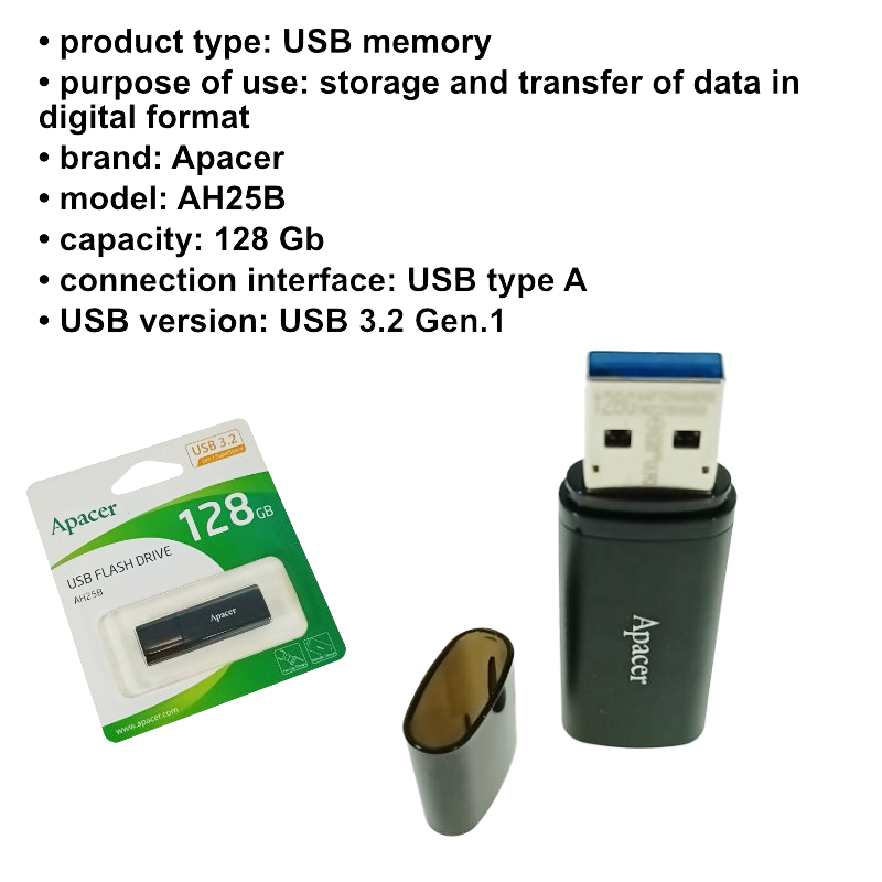 Memorie USB 3.2 Apacer 128Gb, AH25B, cu capac, neagra [6]