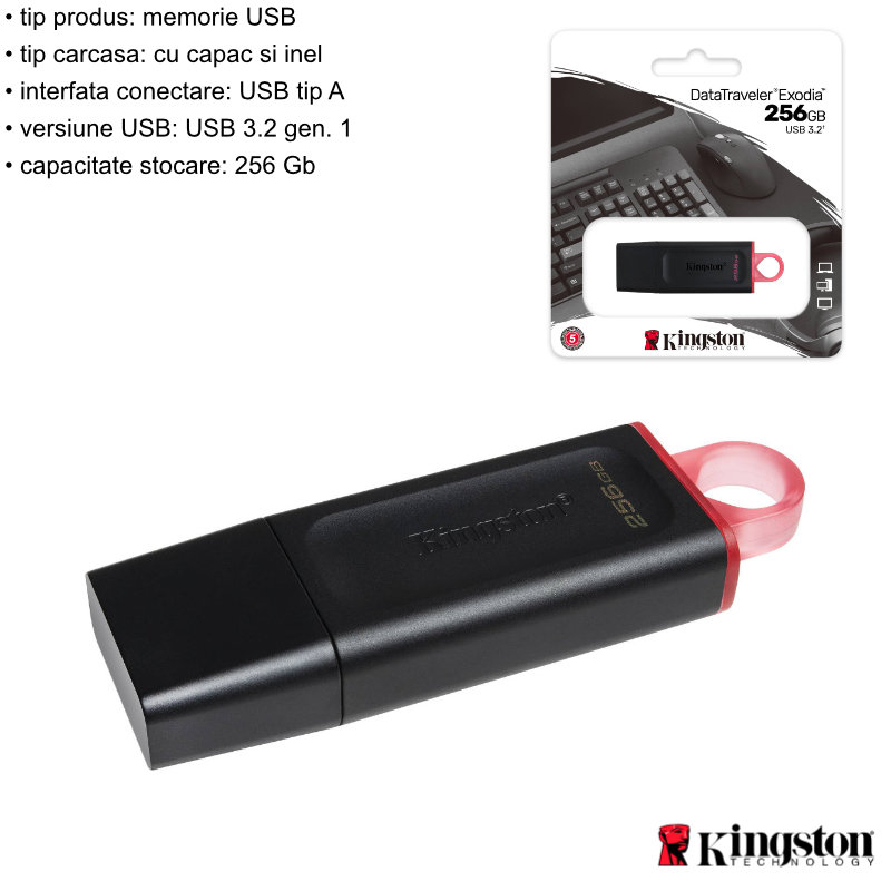 Memorie USB 3.2 Gen 1, 256gb, Kingston DataTraveler Exodia DTX-256GB, cu capac si inel, negru cu rosu [4]