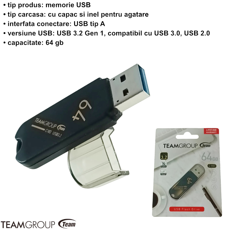 Memorie USB 3.2 Gen 1, 64Gb, TeamGroup C183 04261, cu capac, neagra [6]