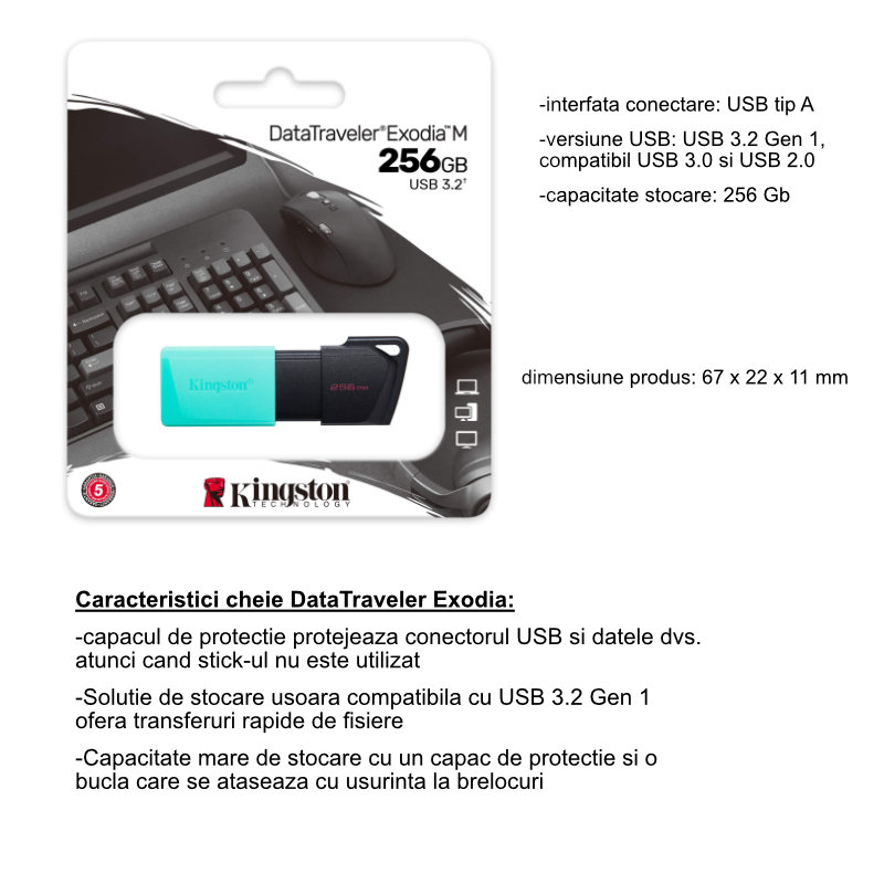 Memorie USB 3.2 Kingston Data Traveler Exodia, 256Gb, cu capac si inel breloc, verde [5]