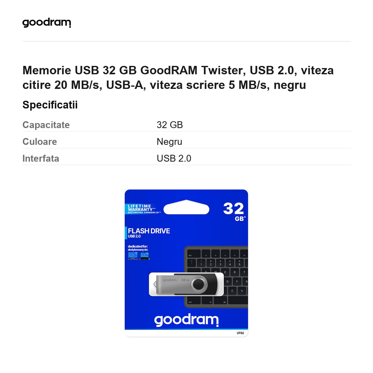 Memorie USB 32 GB GoodRAM Twister, USB 2.0, viteza citire 20 MB/s, USB-A, viteza scriere 5 MB/s, negru [3]