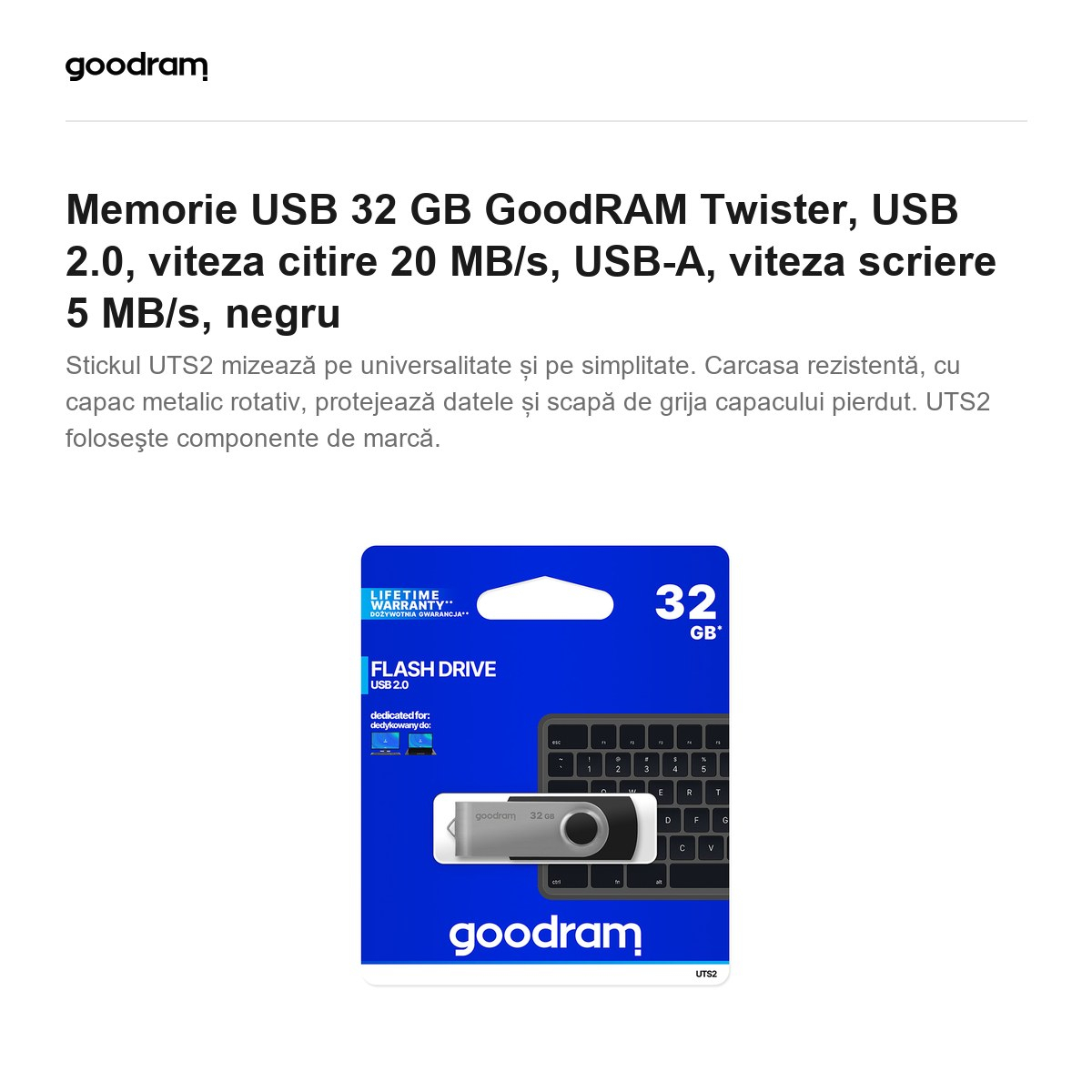 Memorie USB 32 GB GoodRAM Twister, USB 2.0, viteza citire 20 MB/s, USB-A, viteza scriere 5 MB/s, negru [2]