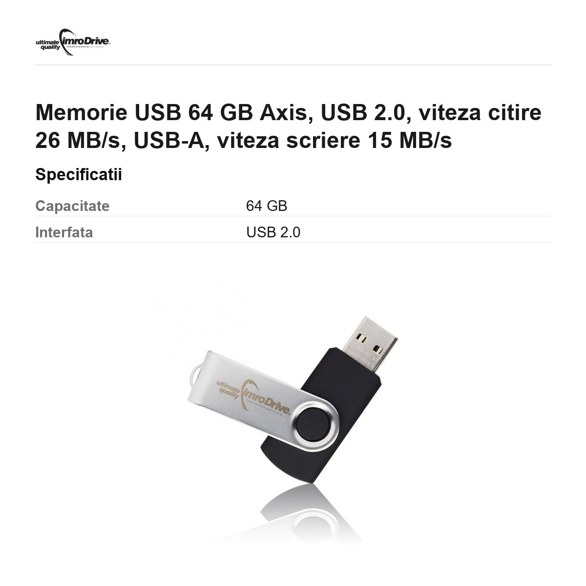 Memorie USB 64 GB Axis, USB 2.0, viteza citire 26 MB/s, USB-A, viteza scriere 15 MB/s [3]