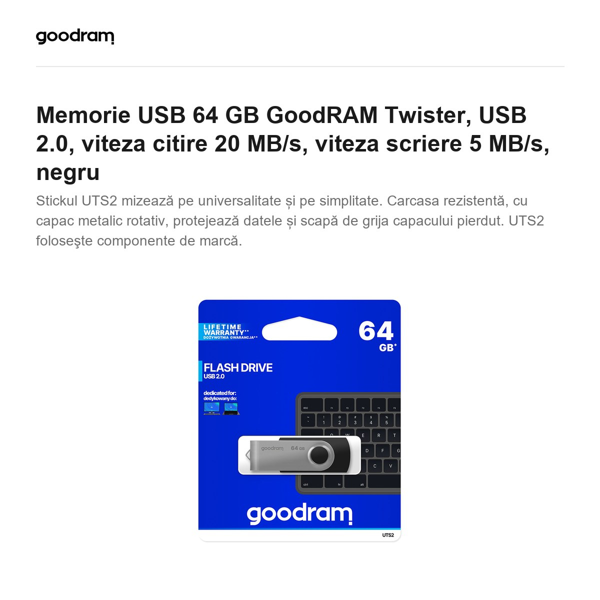Memorie USB 64 GB GoodRAM Twister, USB 2.0, viteza citire 20 MB/s, viteza scriere 5 MB/s, negru [2]