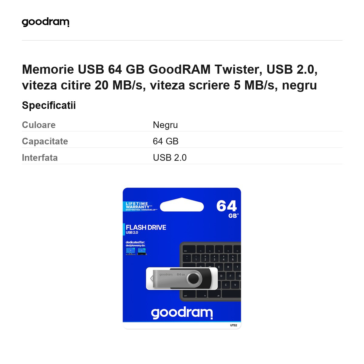 Memorie USB 64 GB GoodRAM Twister, USB 2.0, viteza citire 20 MB/s, viteza scriere 5 MB/s, negru [3]