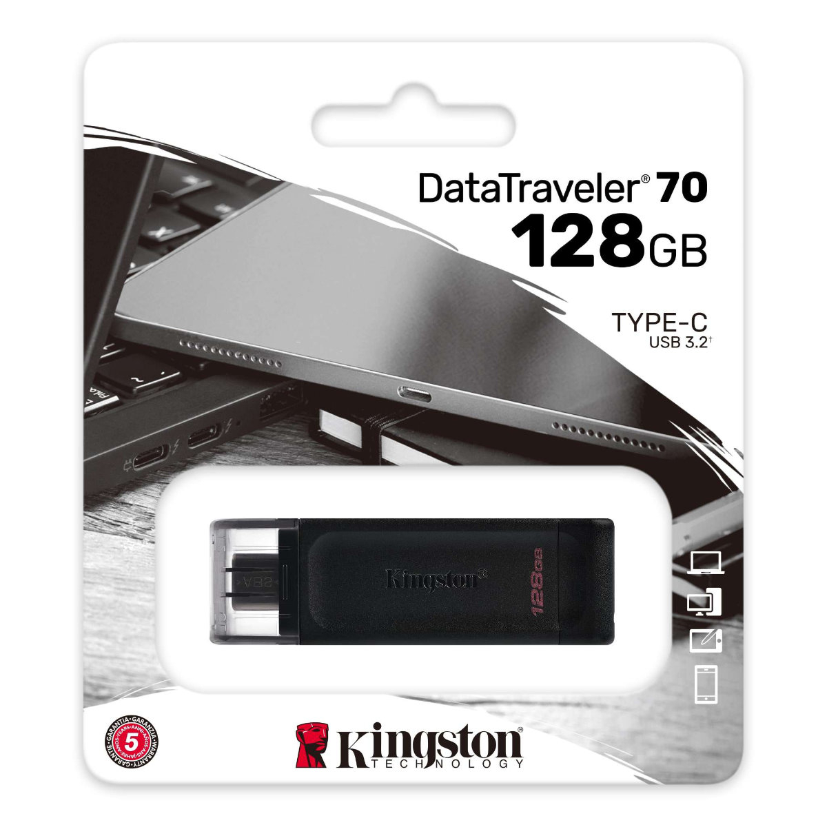 Memorie USB-C 3.2, 128 Gb, Kingston DataTraveler 70, USB tip C Flash Drive, negru [4]