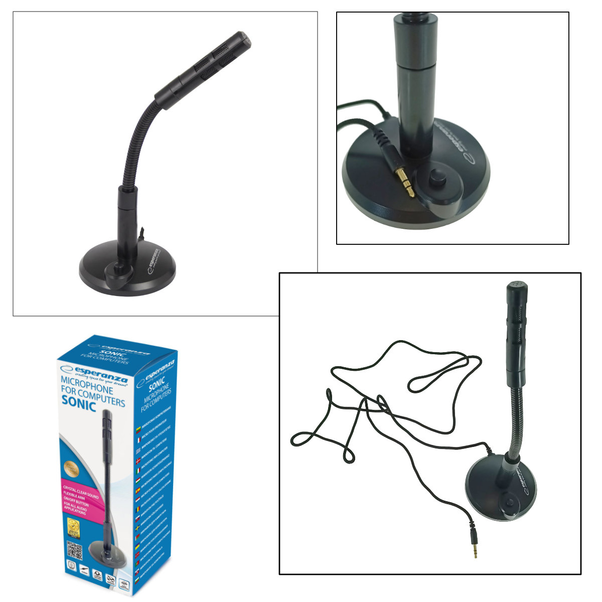 Microfon cu suport, Esperanza Sonic 95791, buton On/Off, cablu 150 cm, conector jack 3.5mm, negru [5]