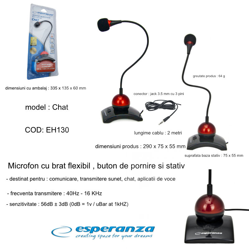 Microfon PC cu brat flexibil 18 cm si buton pornire, Esperanza Chat 476903, conector jack 3.5mm si cablu 2 m, negru cu rosu [13]