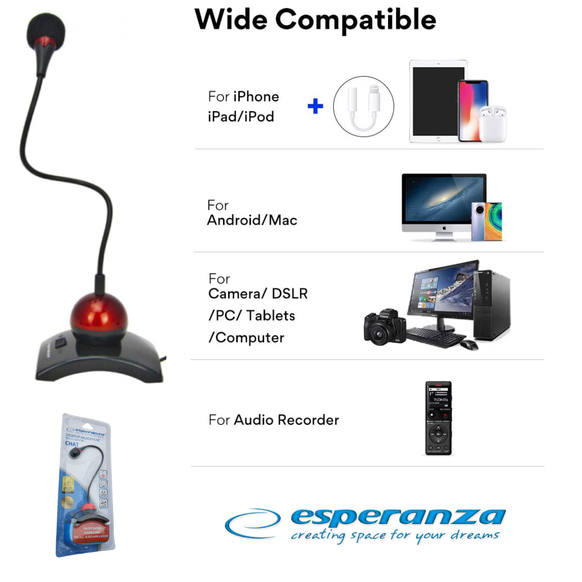 Microfon PC cu brat flexibil 18 cm si buton pornire, Esperanza Chat 476903, conector jack 3.5mm si cablu 2 m, negru cu rosu [12]