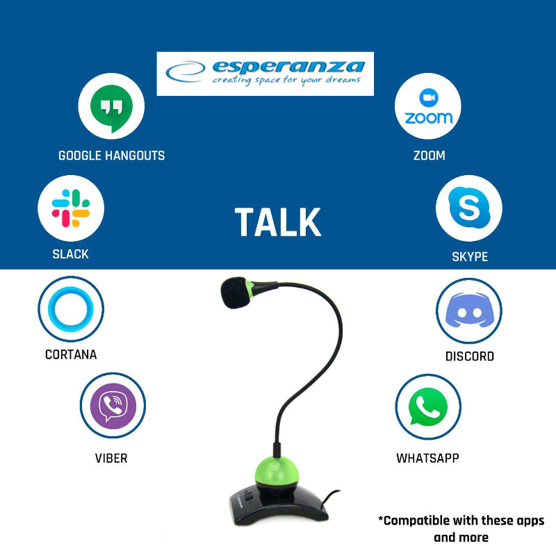 Microfon PC cu brat flexibil 18 cm si buton pornire, Esperanza Chat 92900, conector jack 3.5mm si cablu 2 m, negru cu verde [8]