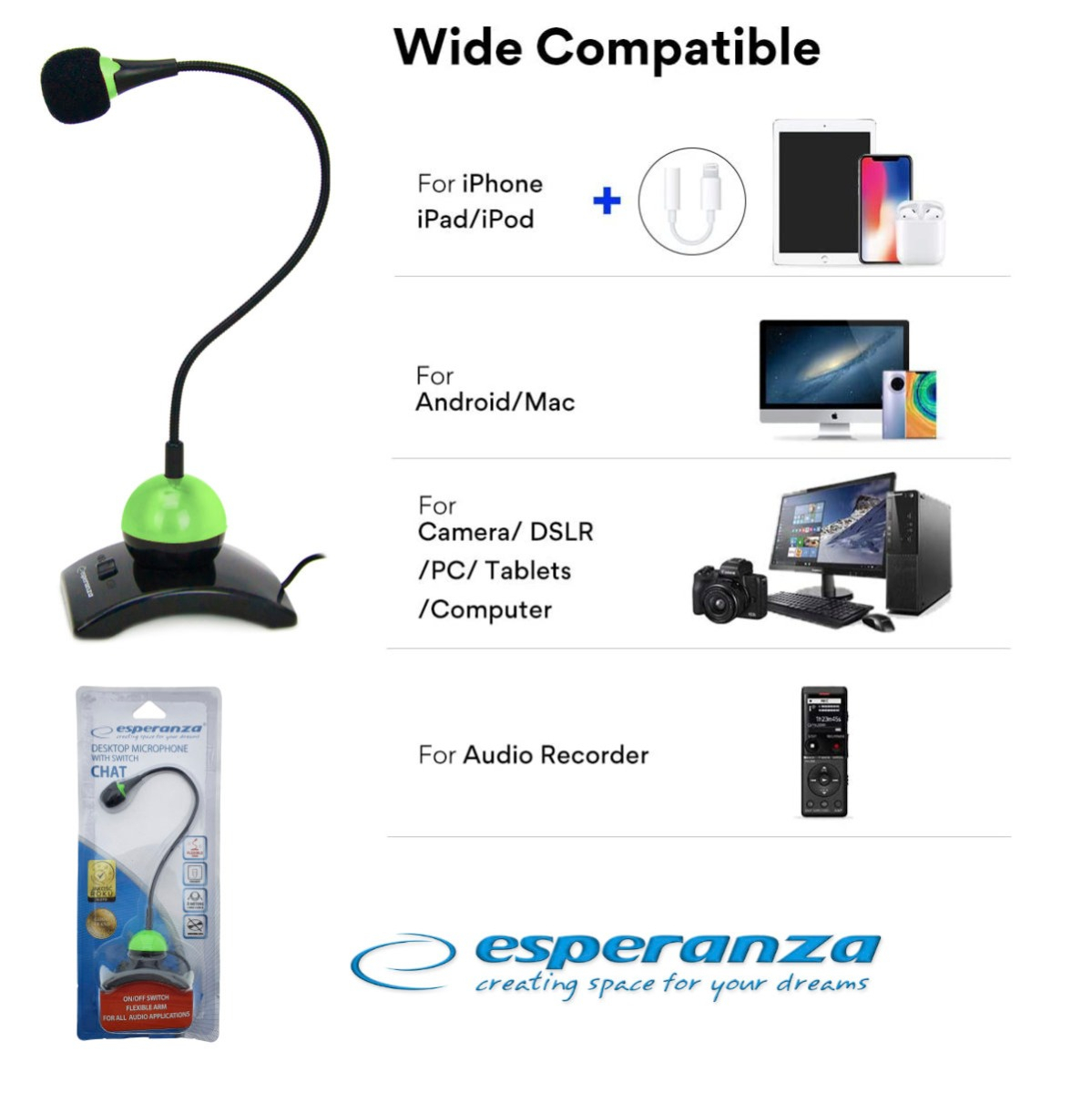 Microfon PC cu brat flexibil 18 cm si buton pornire, Esperanza Chat 92900, conector jack 3.5mm si cablu 2 m, negru cu verde [4]