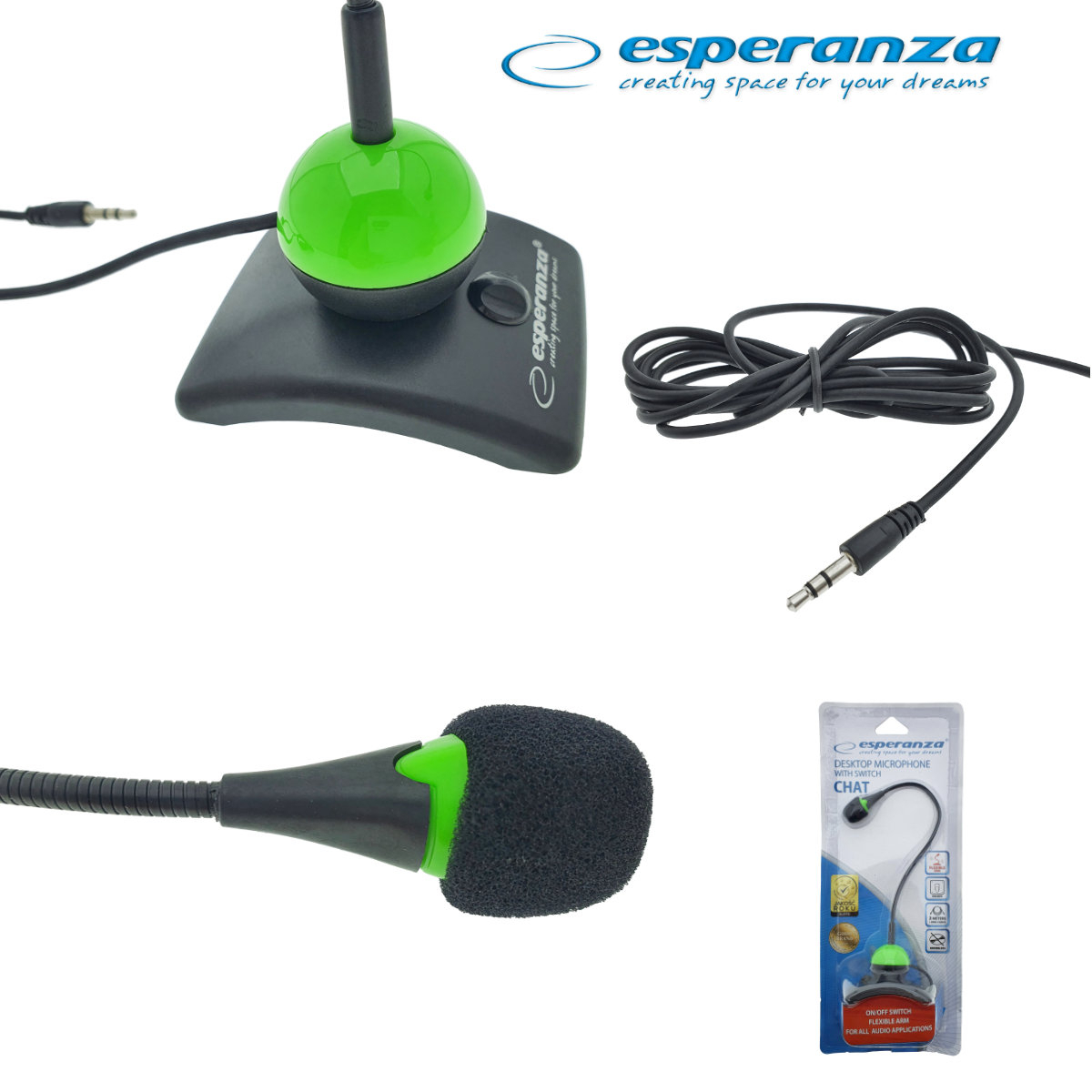 Microfon PC cu brat flexibil 18 cm si buton pornire, Esperanza Chat 92900, conector jack 3.5mm si cablu 2 m, negru cu verde [14]