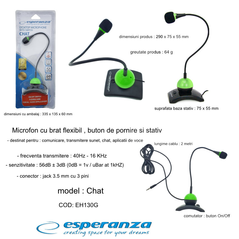 Microfon PC cu brat flexibil 18 cm si buton pornire, Esperanza Chat 92900, conector jack 3.5mm si cablu 2 m, negru cu verde [15]