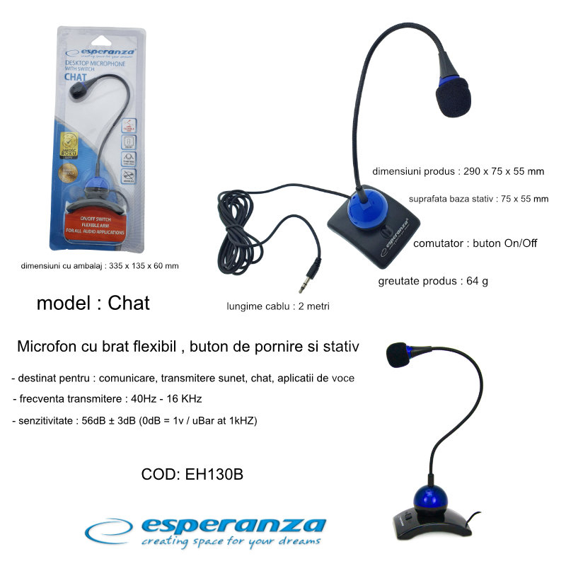 Microfon PC cu brat flexibil 18 cm si buton pornire, Esperanza Chat 92901, conector jack 3.5mm si cablu 2 m, negru cu albastru [6]