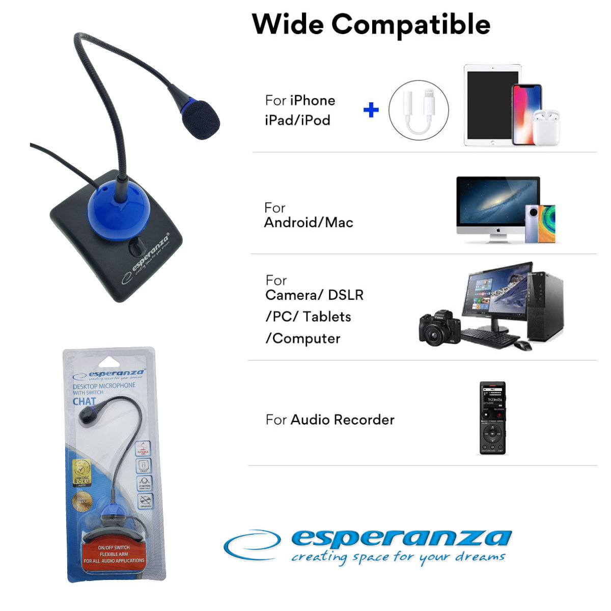Microfon PC cu brat flexibil 18 cm si buton pornire, Esperanza Chat 92901, conector jack 3.5mm si cablu 2 m, negru cu albastru [12]