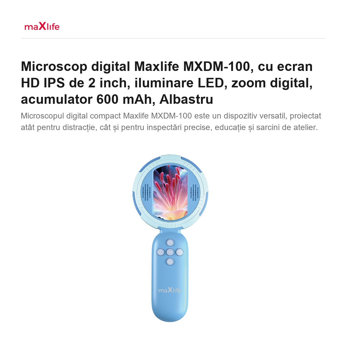 Microscop digital Maxlife MXDM-100, cu ecran HD IPS de 2 inch, iluminare LED, zoom digital, acumulator 600 mAh, Albastru [2]
