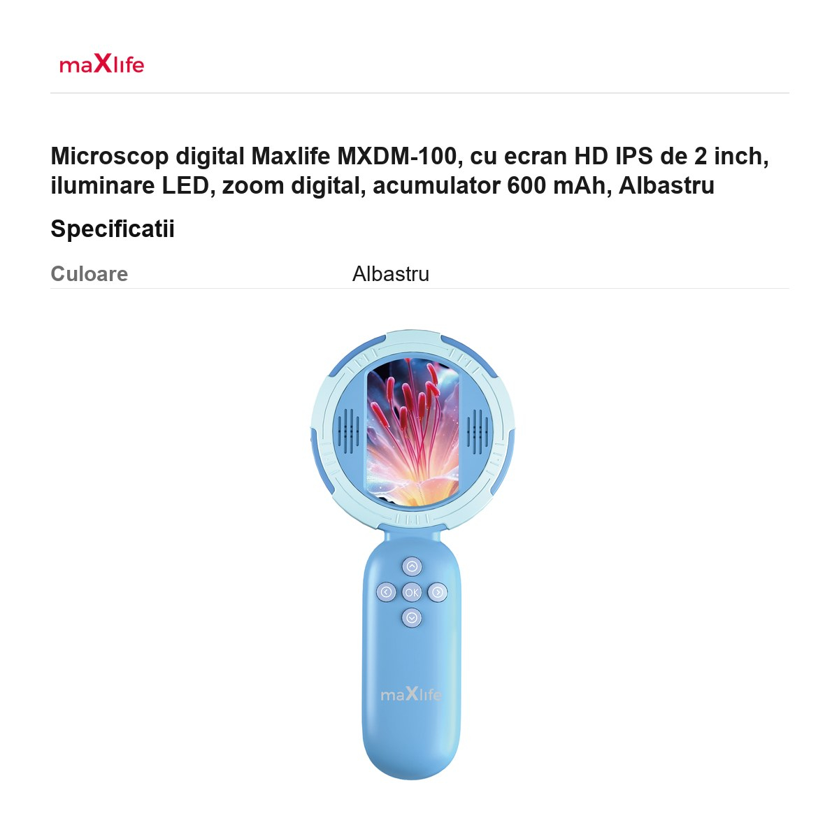 Microscop digital Maxlife MXDM-100, cu ecran HD IPS de 2 inch, iluminare LED, zoom digital, acumulator 600 mAh, Albastru [3]