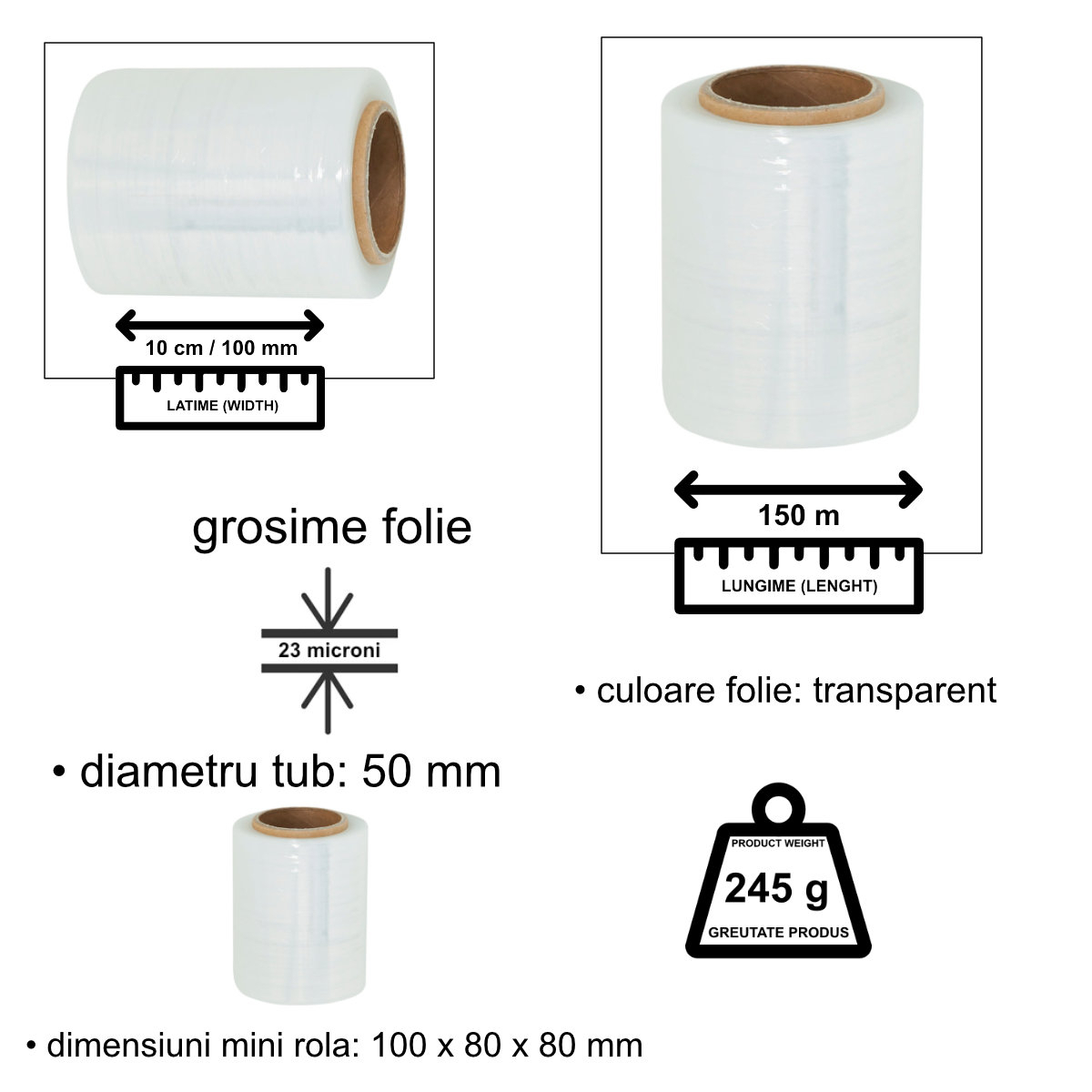Mini rola 245g folie stretch elastica, 10 cm latime, lungime 150 m, PR-9340-W, pentru ambalare, transparenta [3]