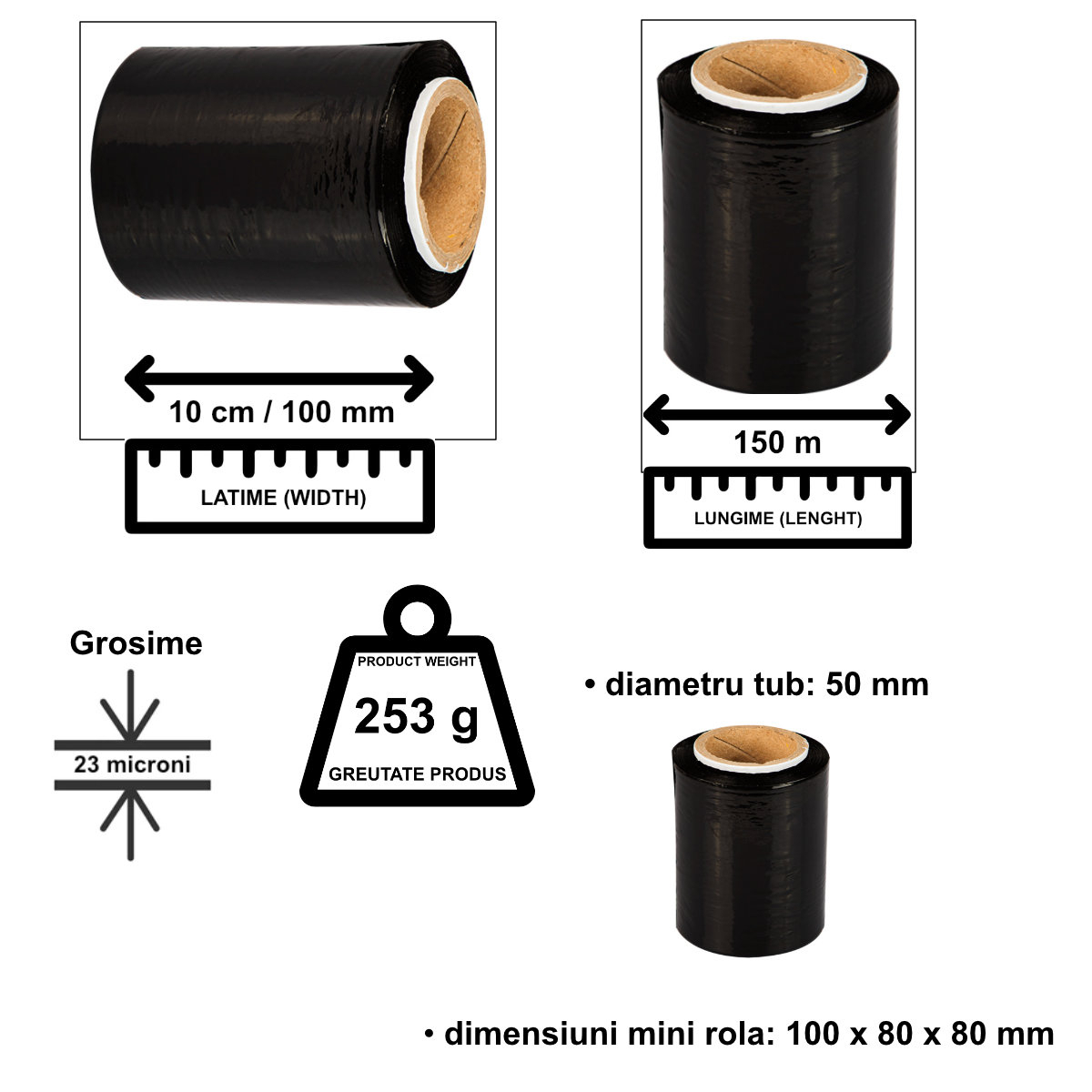 Mini rola 253g folie stretch elastica, PR-9389-BK, 10 cm latime, lungime 150 m, pentru ambalare, neagra [3]