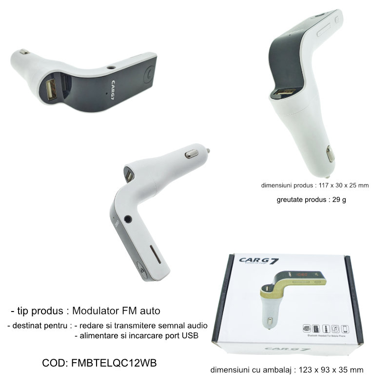 Modulator FM cu bluetooth CARG7, incarcare USB, MP3 player USB si microsd, alb cu negru [5]