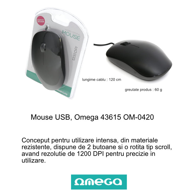 Mouse cu conectare USB, Omega 43615 OM-0420, 1200 DPI, cablu 120cm , negru [6]