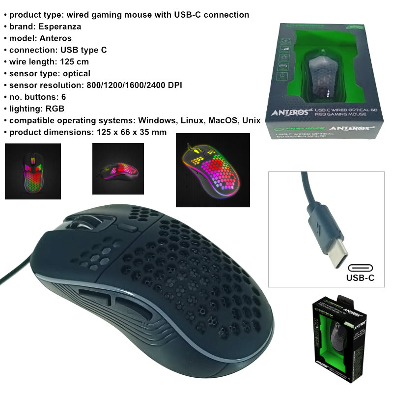 Mouse gaming USB-C, Esperanza Anteros 93841, cablu 1.25m, 6D, RGB, 800-2400 DPI, negru [6]