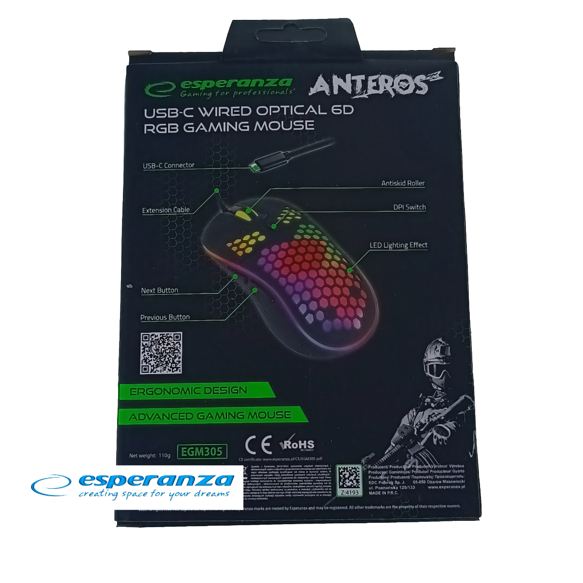 Mouse gaming USB-C, Esperanza Anteros 93841, cablu 1.25m, 6D, RGB, 800-2400 DPI, negru [5]