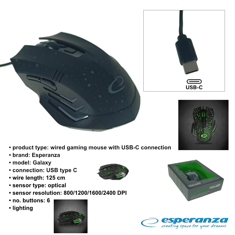 Mouse gaming USB-C, Esperanza Galaxy 94544, cablu 1.25m, 6D, LED, 800-2400 DPI, negru [6]