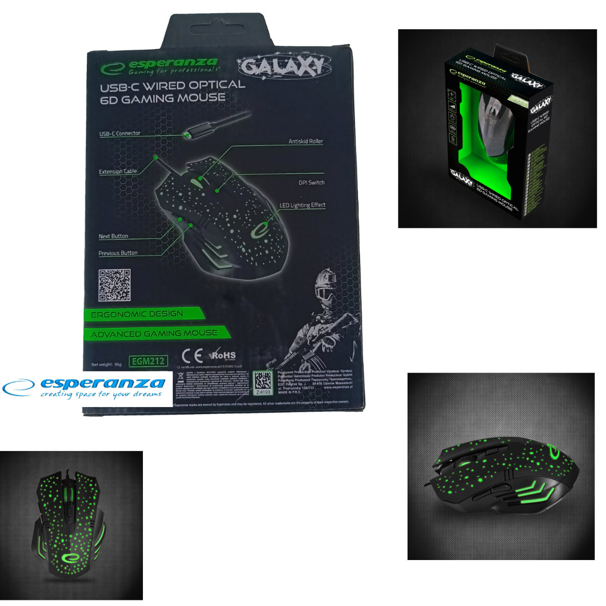 Mouse gaming USB-C, Esperanza Galaxy 94544, cablu 1.25m, 6D, LED, 800-2400 DPI, negru [5]