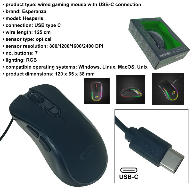 Mouse gaming USB-C, Esperanza Hesperis 94546, cablu 1.25m, 7D, RGB, 800-2400 DPI, negru [6]