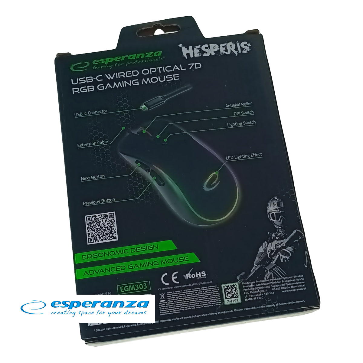 Mouse gaming USB-C, Esperanza Hesperis 94546, cablu 1.25m, 7D, RGB, 800-2400 DPI, negru [5]