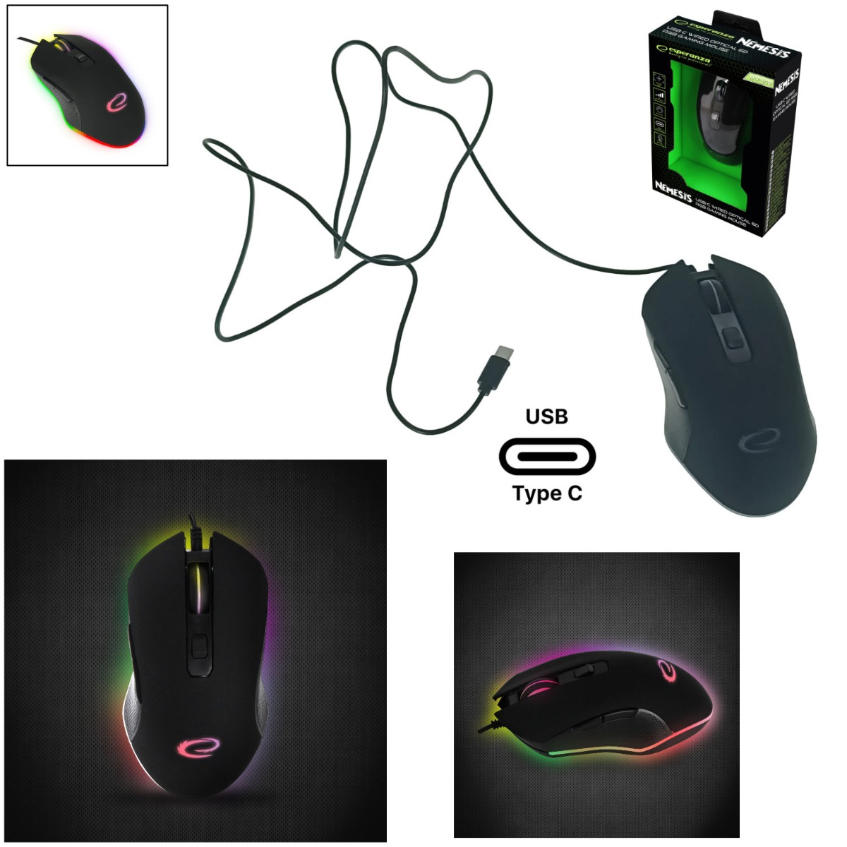 Mouse gaming USB-C, Esperanza Nemesis 94545, cablu 1.25m, 6D, RGB, 800-2400 DPI, negru [5]