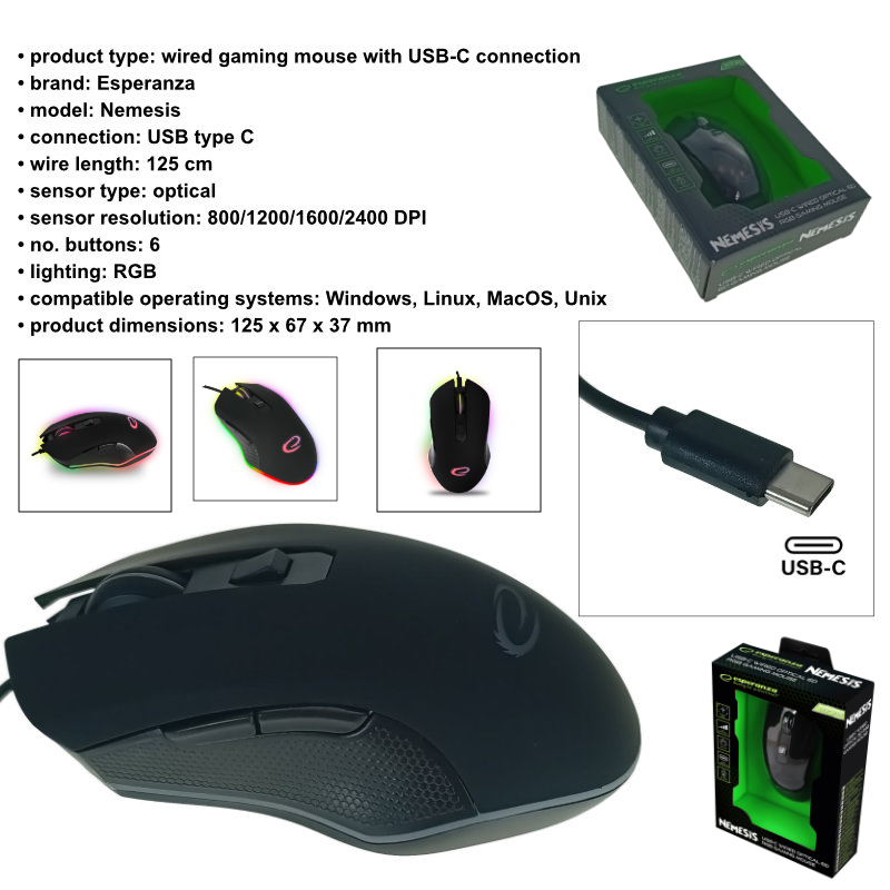 Mouse gaming USB-C, Esperanza Nemesis 94545, cablu 1.25m, 6D, RGB, 800-2400 DPI, negru [7]