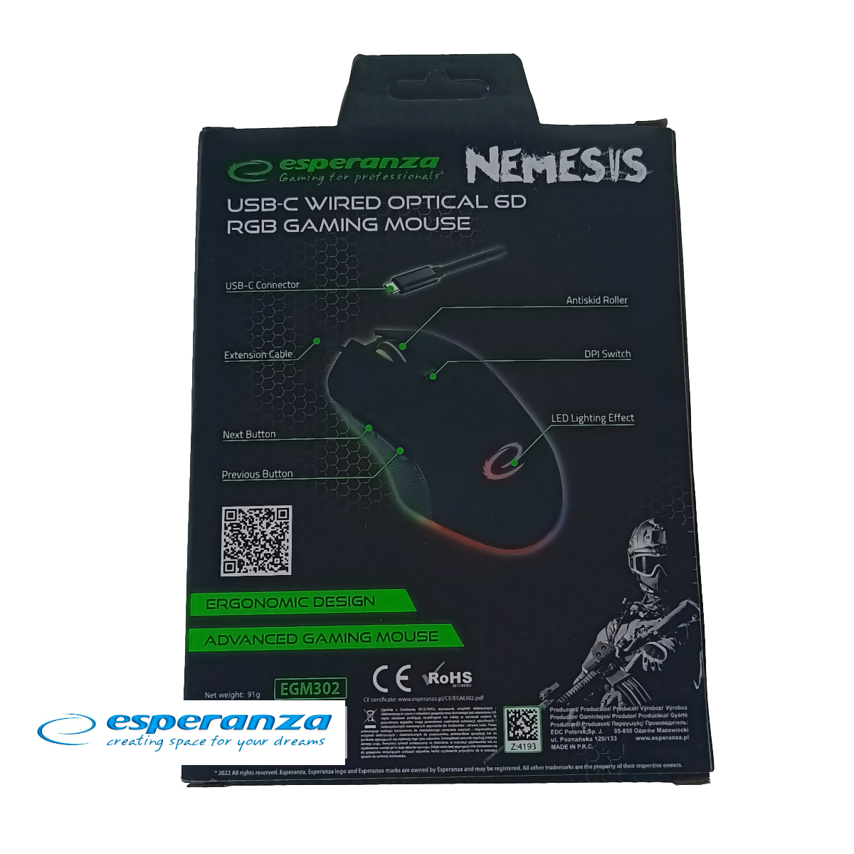 Mouse gaming USB-C, Esperanza Nemesis 94545, cablu 1.25m, 6D, RGB, 800-2400 DPI, negru [6]