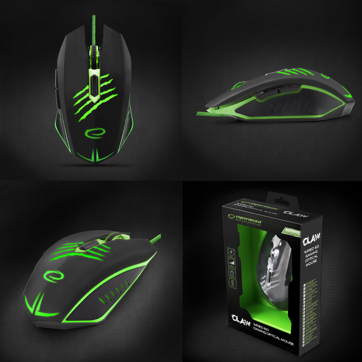 Mouse gaming USB, Esperanza Claw EGM209G, cablu 1.5m, 6D, Led verde, 800/1200/1600/2400 dpi [4]