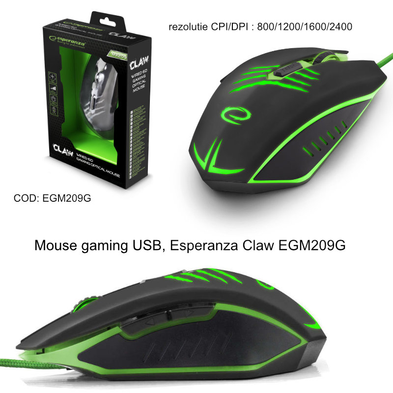 Mouse gaming USB, Esperanza Claw EGM209G, cablu 1.5m, 6D, Led verde, 800/1200/1600/2400 dpi [14]