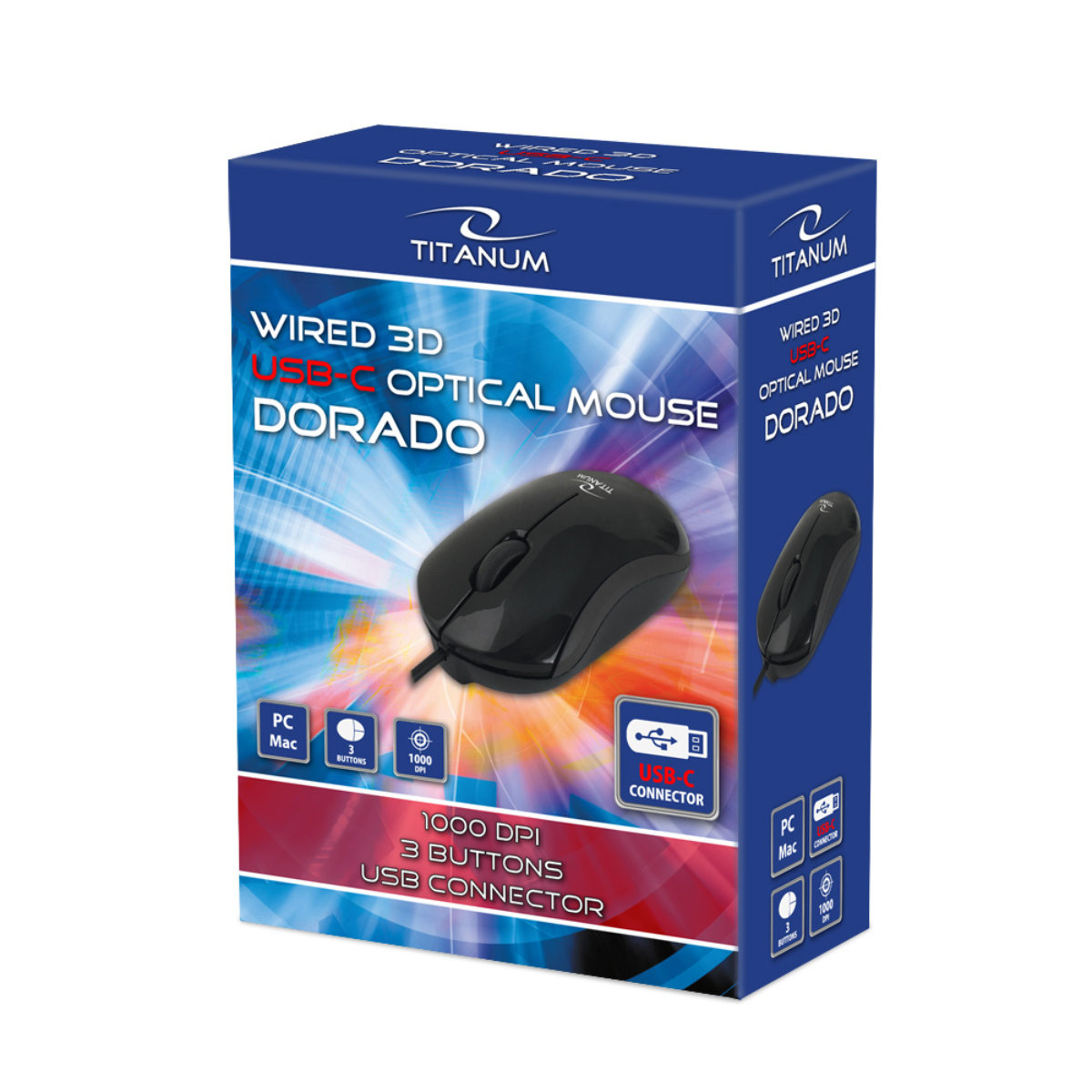 Mouse optic cu fir si conector USB-C, 3D, Titanum 94670, 1000 DPI, 100 x 55 x 30 mm, cablu 120cm, negru [6]