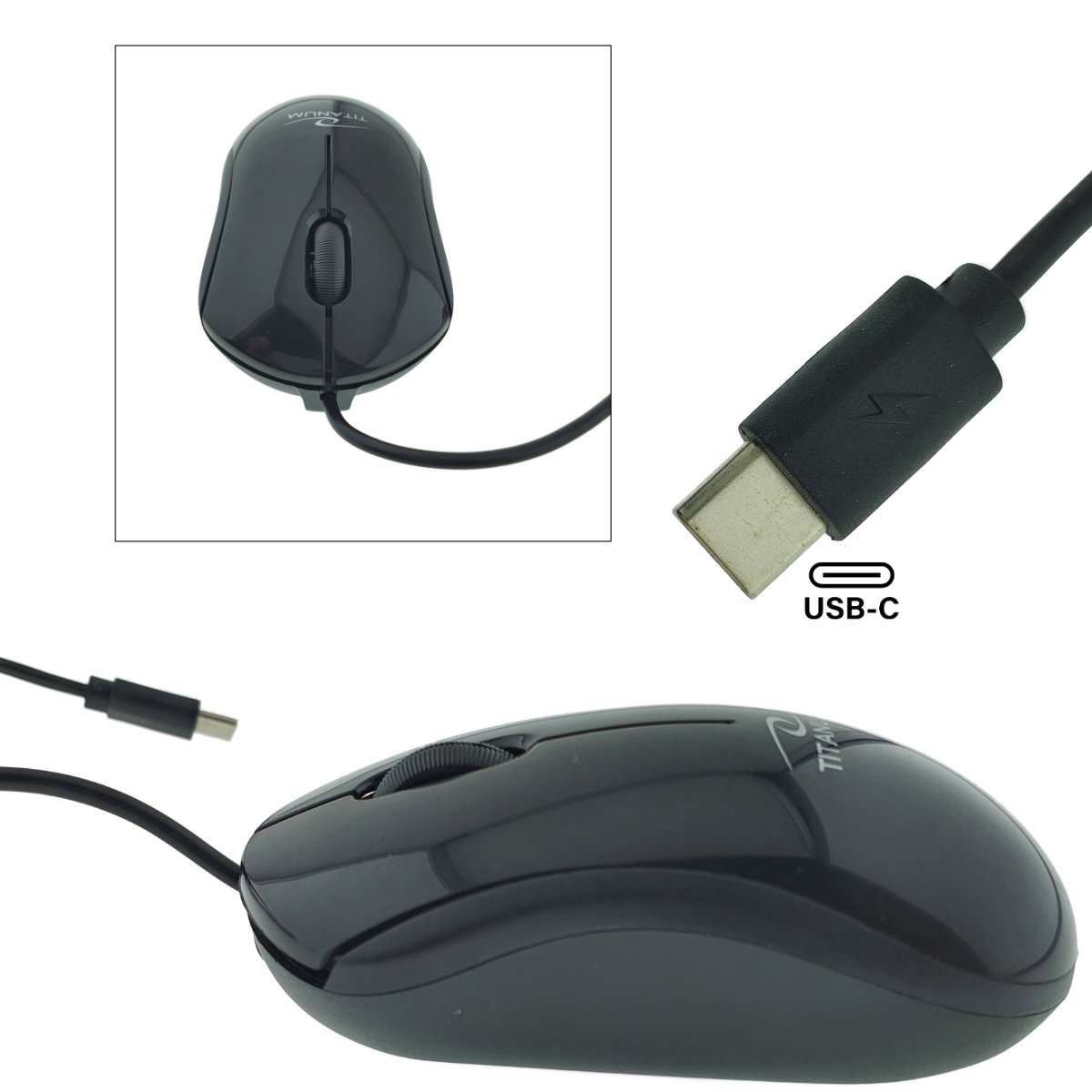 Mouse optic cu fir si conector USB-C, 3D, Titanum 94670, 1000 DPI, 100 x 55 x 30 mm, cablu 120cm, negru [3]