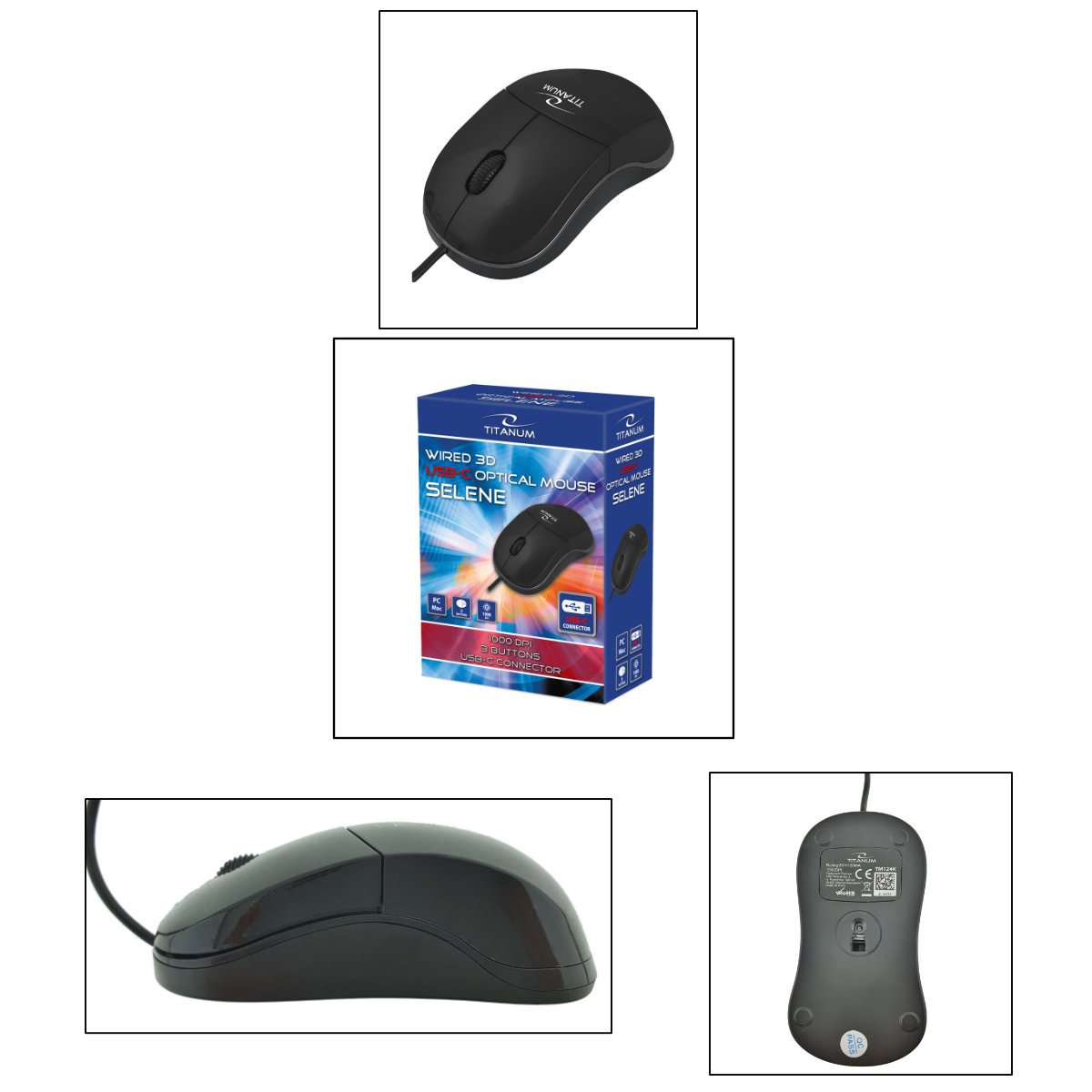 Mouse optic cu fir si conector USB-C, Titanum 94543, 1000 DPI, 3 butoane, 100 x 55 x 35 mm, cablu 120cm, negru [3]