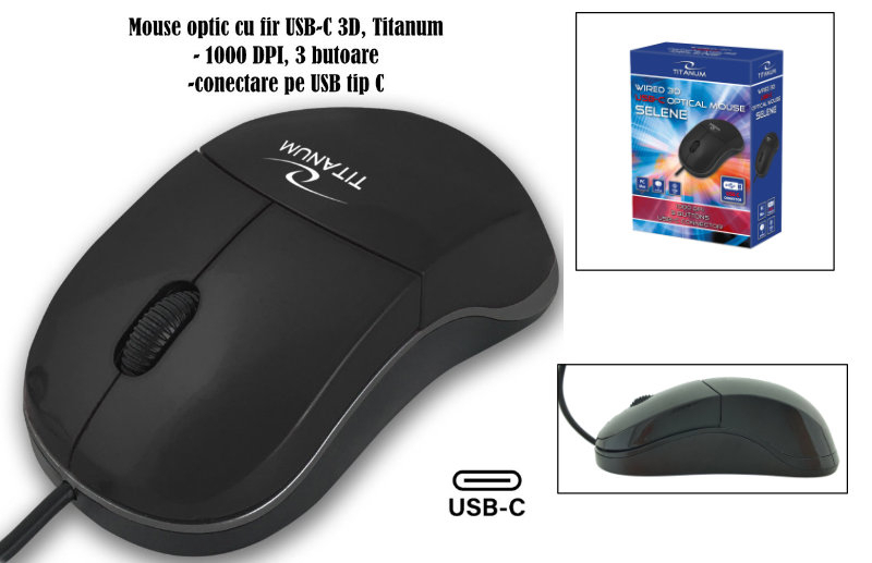 Mouse optic cu fir si conector USB-C, Titanum 94543, 1000 DPI, 3 butoane, 100 x 55 x 35 mm, cablu 120cm, negru [6]