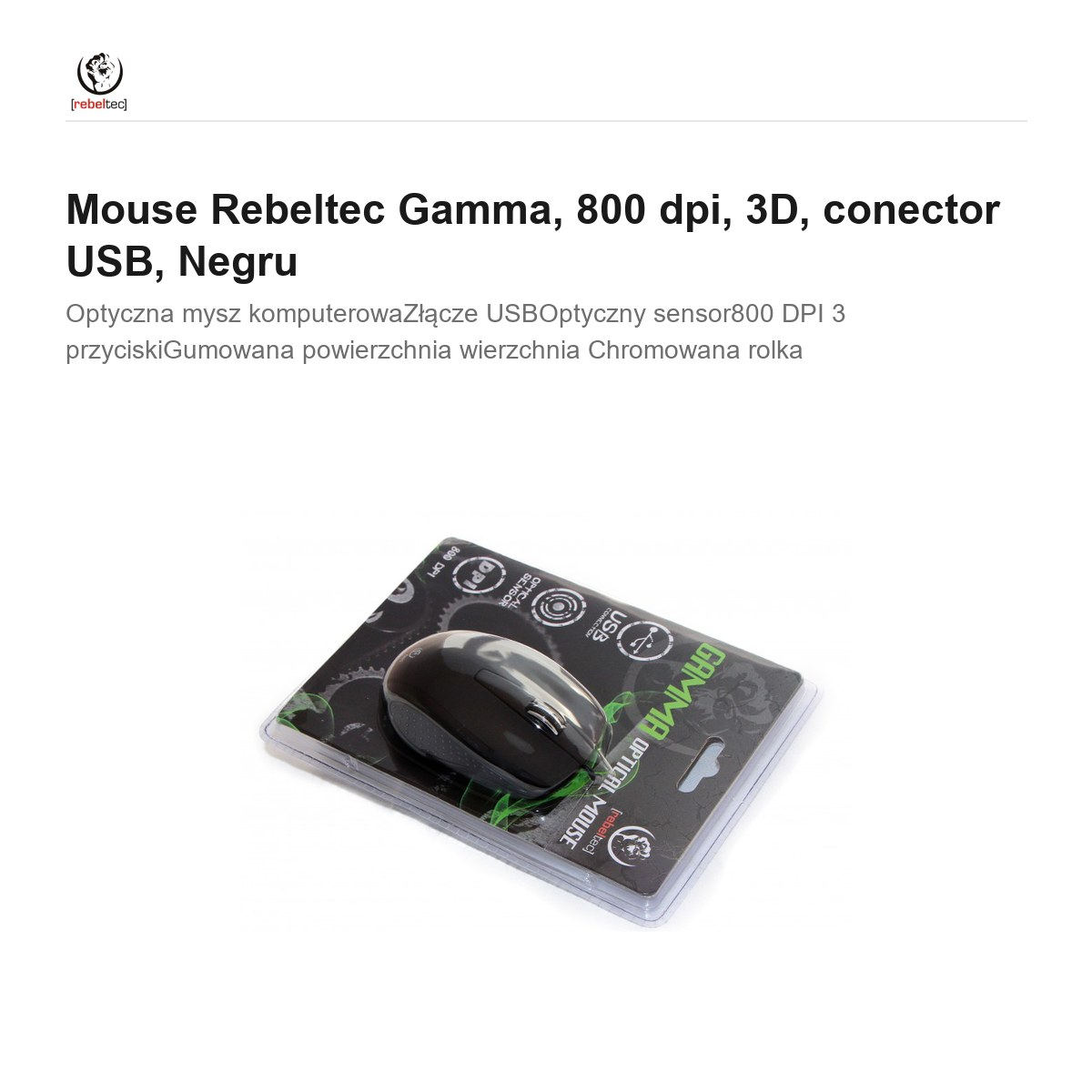 Mouse Rebeltec Gamma, 800 dpi, 3D, conector USB, Negru [2]