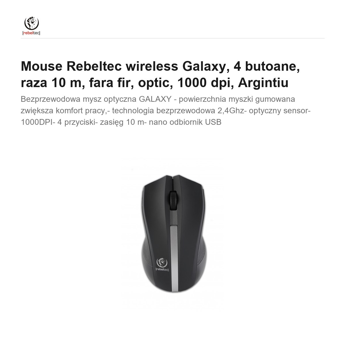 Mouse Rebeltec wireless Galaxy, 4 butoane, raza 10 m, fara fir, optic, 1000 dpi, Argintiu [2]