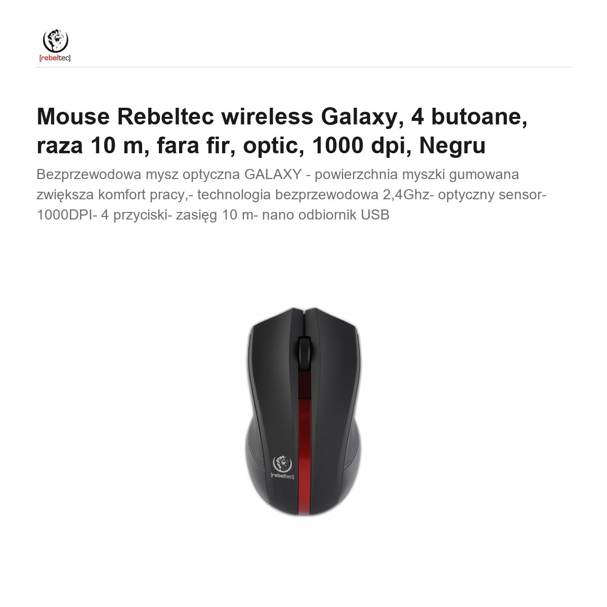Mouse Rebeltec wireless Galaxy, 4 butoane, raza 10 m, fara fir, optic, 1000 dpi, Negru [2]