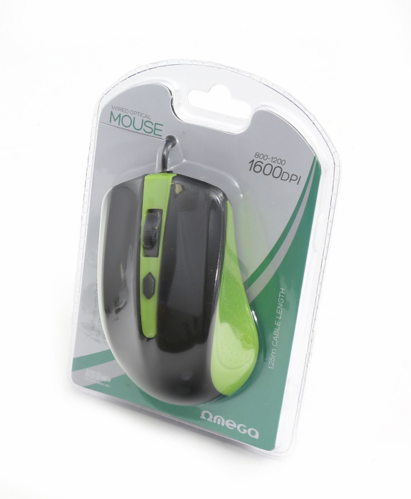 Mouse USB, Omega 41788 OM-05 3D, 800 - 1600 dpi, 105x67x38mm, cablu 110 cm, negru cu verde [2]